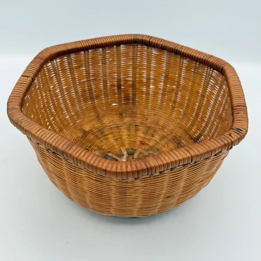 Vintage woven Wicker Basket Brown Boho Hexagonal Storage Decor Cottagecore